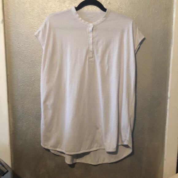 Eileen Fisher Preppy Academia Academia Taupe White Stripe Short Sleeve Top - Picture 1 of 10
